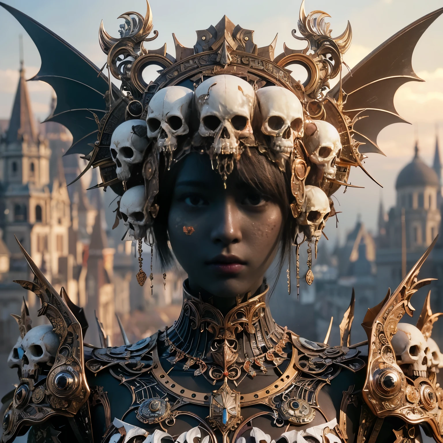 (masterpiece、highest quality、Realistic photos)、A very cute Japanese woman、(Brown skin:1.4)、A complex copper and brass mechanical armor with a skull motif.、Bat Wings、White tone、Blue accents、foot、Extremely intricate details、Posing on the medieval castle walls at sunset、Full Body Shot、Minimum 4 or more generated