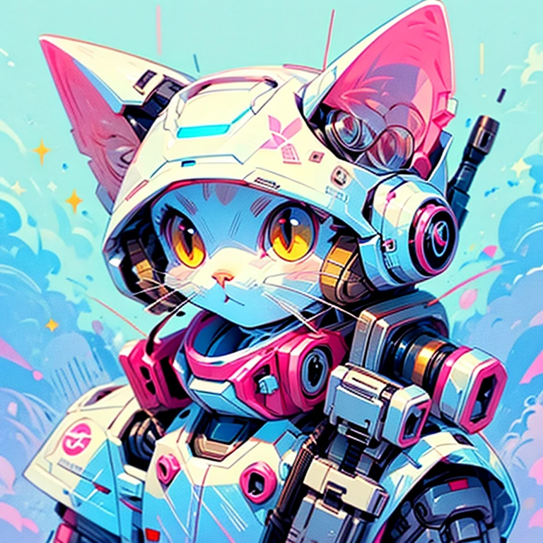 robot cat girl, white and pink color, holding an assault rifle