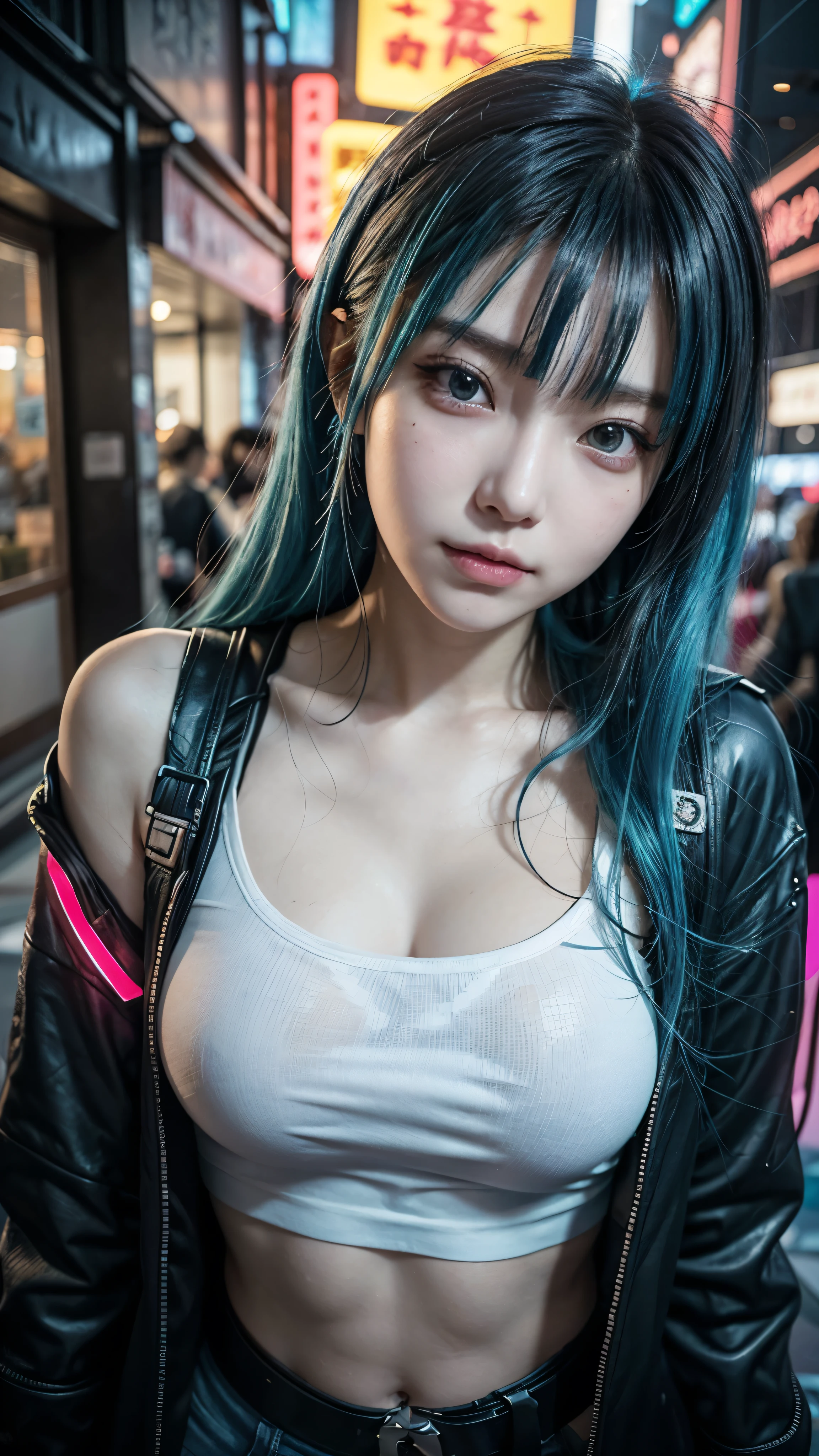 there is a woman with a blue hair and a white top, anime girl cosplay, inspired by Leng Mei, photo of slim girl model, anime girl in real life, seductive anime girl, cyberpunk 2 0 y. o model girl, chinese girl, female cyberpunk anime girl, photo of slim girl, beautiful cyberpunk woman model, anime cosplay, cosplay photo, cosplay