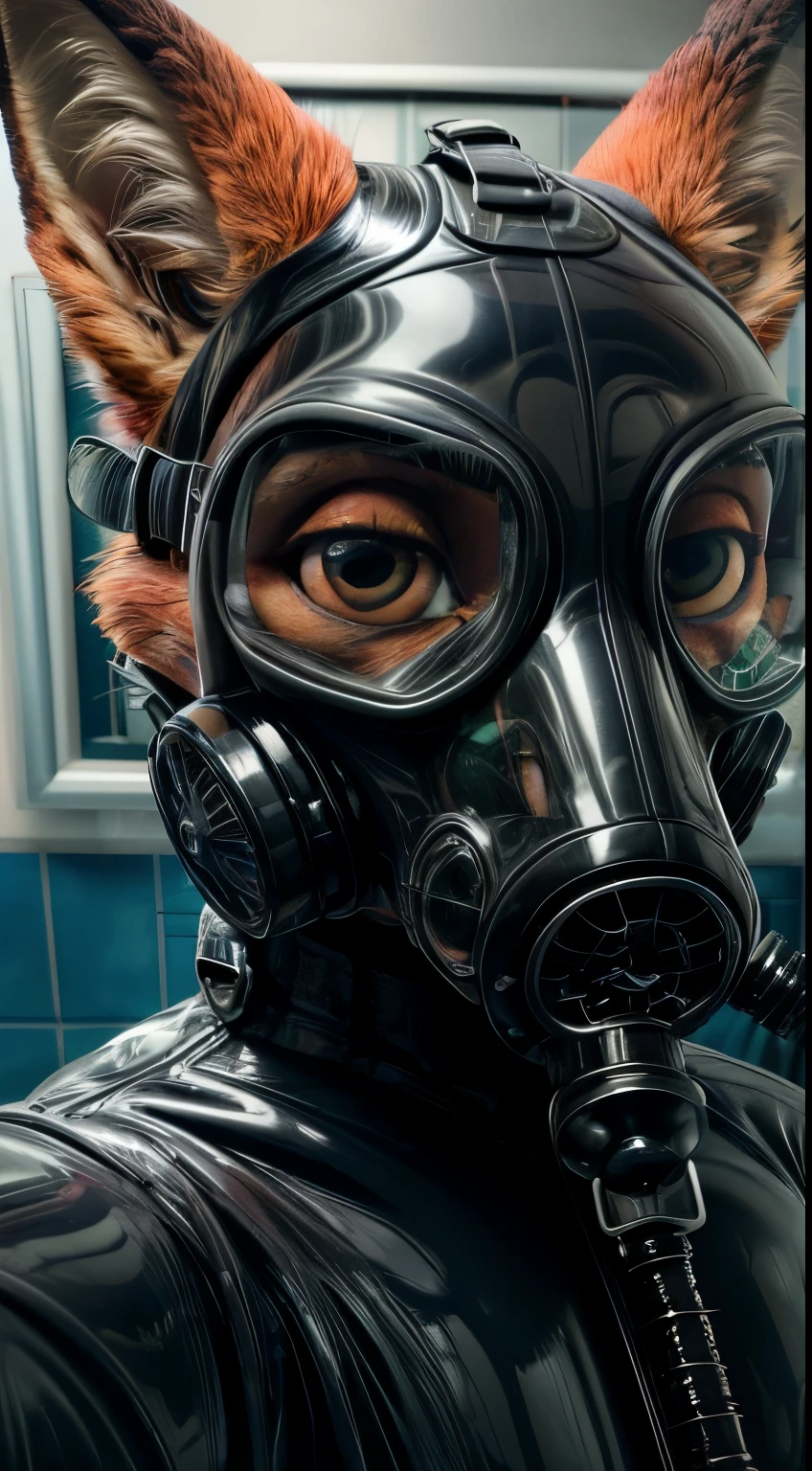 Photograph, realistic, 4k, Solo, furry, Nick Wilde, black rubber, medical examination room, (latex suit), looking at viewer, sweating everywhere , (detailed eyes, white sclera, ultra detailed eyes), extreme close up, in love, (lustful), smug, (gas mask), pastel gas mask, selfie POV, gurney