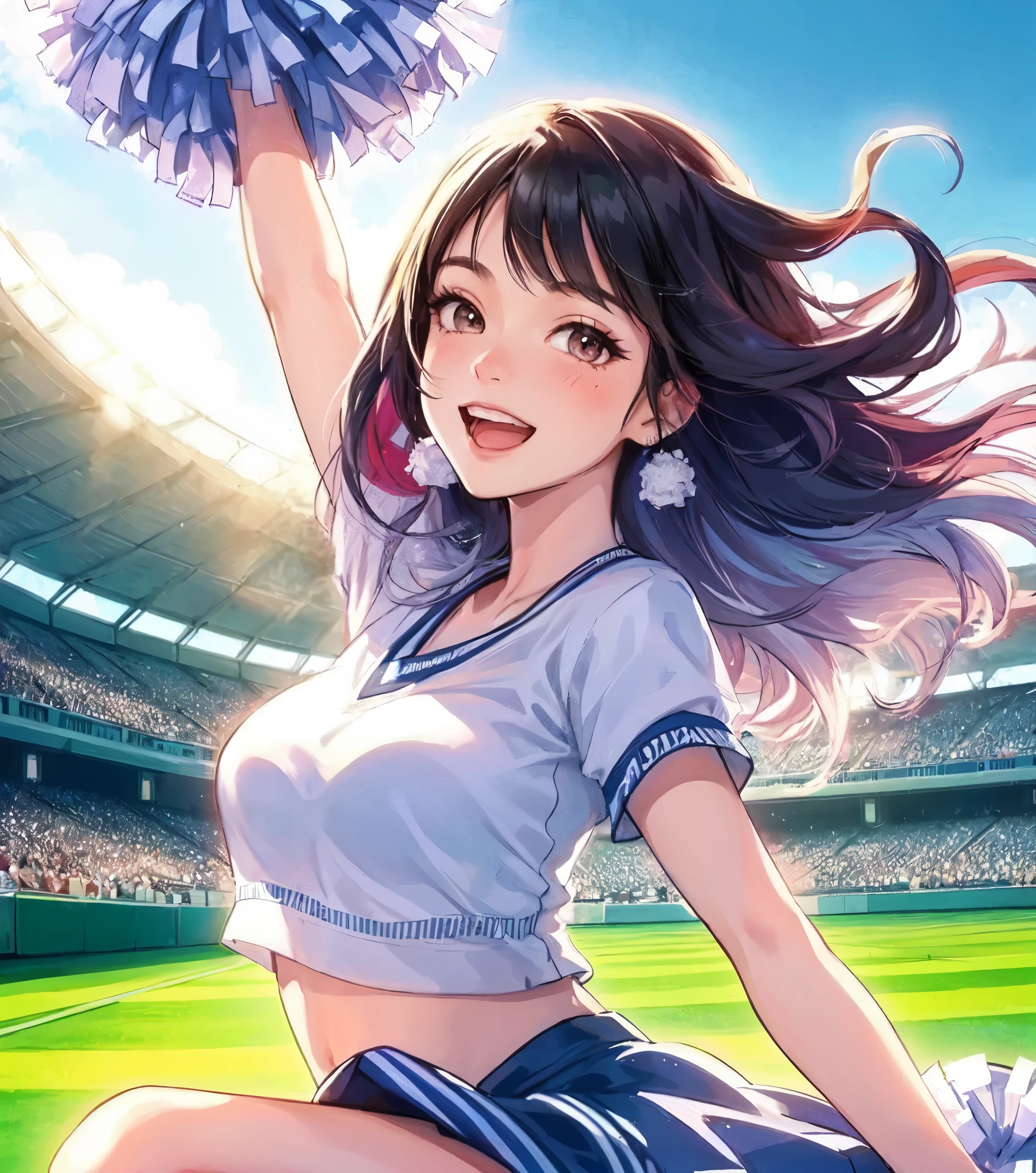 1lady solo, cheering, dancing, (dynamic posing), cheerleader (stylish outfit), mature female, /(black hair/) bangs, blush brightly smile, open mouth, (teeth:0.8), (masterpiece best quality:1.2) delicate illustration ultra-detailed, large breasts BREAK (holding pom-pom) BREAK /(baseball stadium) grass, outdoors, audience