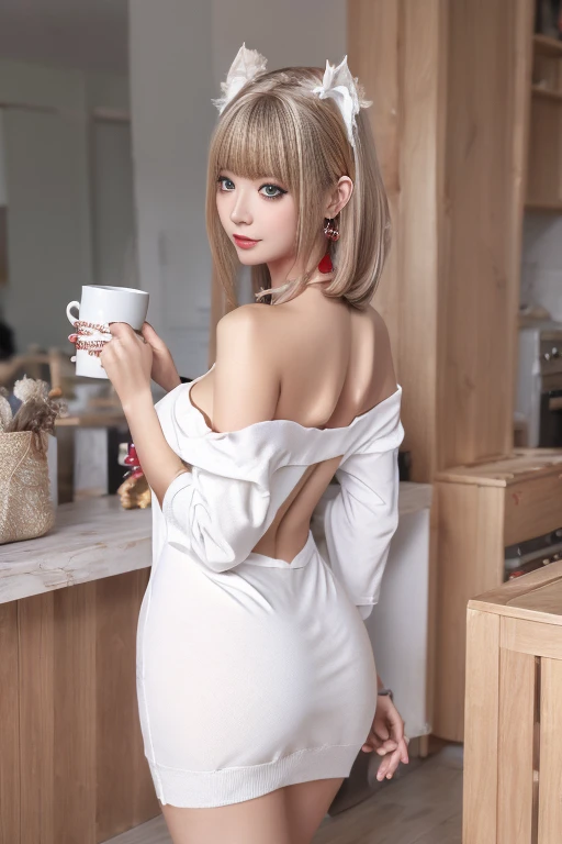 masterpiece, yor, 1girl, Amazing Cleavage:1.3, thin waist, big ass, Raised sexy, medium breast: 1.8 posed cleavage:1.2、solo, looking at viewer, open mouth, have a cup of coffee,black hair, red eyes, dress, bare shoulders, jewelry, collarbone, sidelocks, hairband, earrings, indoors, off shoulder, :o, sweater, arms behind back, plant, short hair with long locks, white hairband, off-shoulder dress, sweater dress, off-shoulder sweater, red sweater, big side hair, very long side hair,is rendered in (masterpiece: 1.2, best quality), with (ultra high resolution) and an exquisite (depth of field). This masterpiece is not only visually stunning but also tells, make of cake cooking ,in the kitchen
