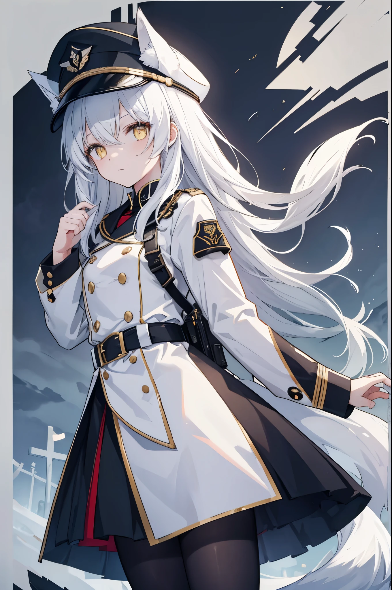 Loli，With white fox ears and a white fox tail，Loli的身材，White loose long hair，Wearing German clothes，Wearing a black navy hat，There are a lot of tactical equipment on，Eyes are yellow，Wears black tights，With a gun in hand，Female hands，Little white hand，Female hands指，Wearing a white double-breasted military uniform，The buttons are gold，The background is a cemetery，The background is a gloomy cemetery，The background is a cemetery，The background is a gloomy cemetery，The background is a cemetery，The background is a gloomy cemetery