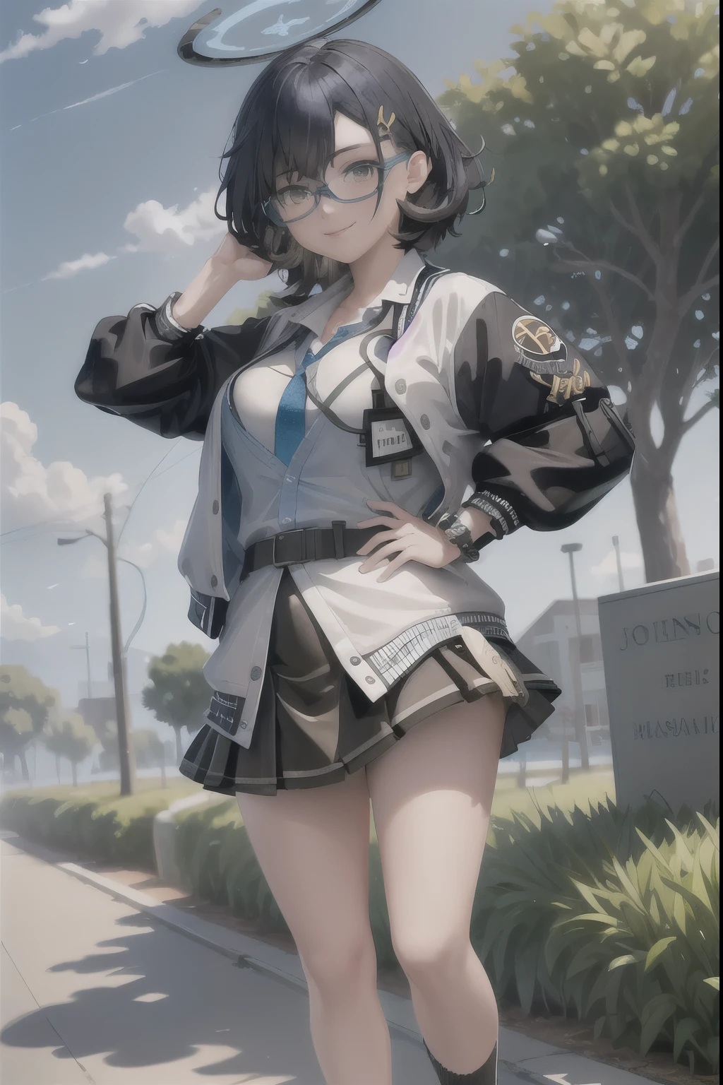 (masterpiece:1.3), (absurdres:1.3), (best quality:1.3), (ultra-detailed:1.3), 1girl, solo, full body, dynamic pose, looking at viewer, smile, outdoors, chihiroid, halo, glasses, white shirt, blue shirt, two-tone jacket, black cardigan, black skirt, name tag, sock, sneakers,