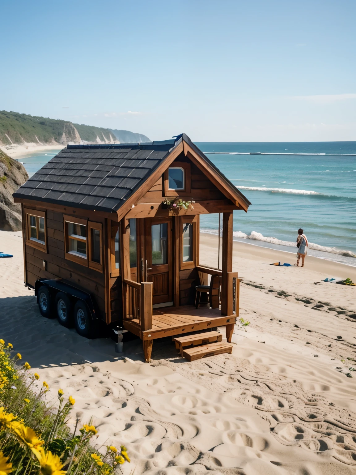 Tiny house at beach, there are some flowers