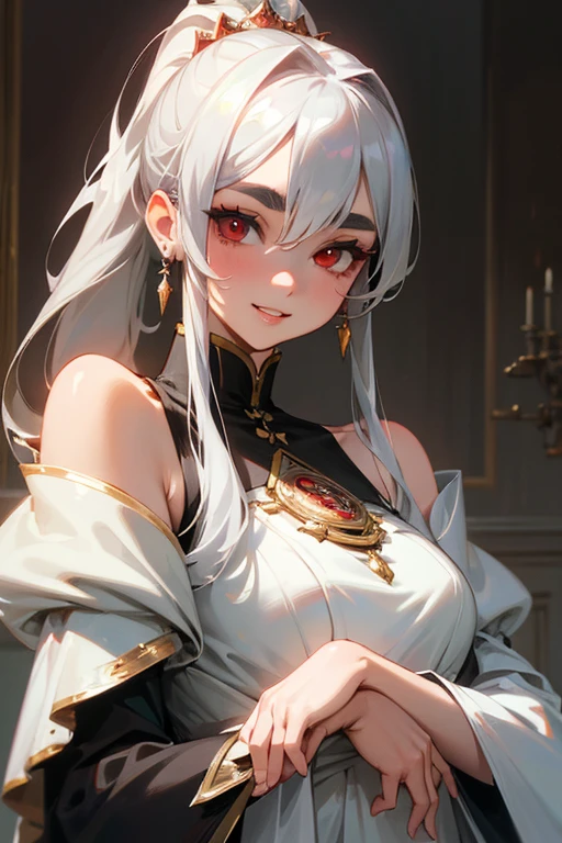 (highest quality, masterpiece:1.2), High resolution, 最高masterpiece、Very detailed, Realistic:1.37, Fantasy, An illustration,Gray Hair、 Red eyes、Queen, White Dress、Platinum decoration、beautifully、Eyeshadow Red、Thick eyebrows、Long eyelashes、pupils are black、shiny on the lips、Top Sites、Queen、Princess、ponytail、A kind smile、Show your teeth a little and smile、Soft impression、people々々々々Loved by、Slimming the face、Shoulder Bare、sexy、More detail、