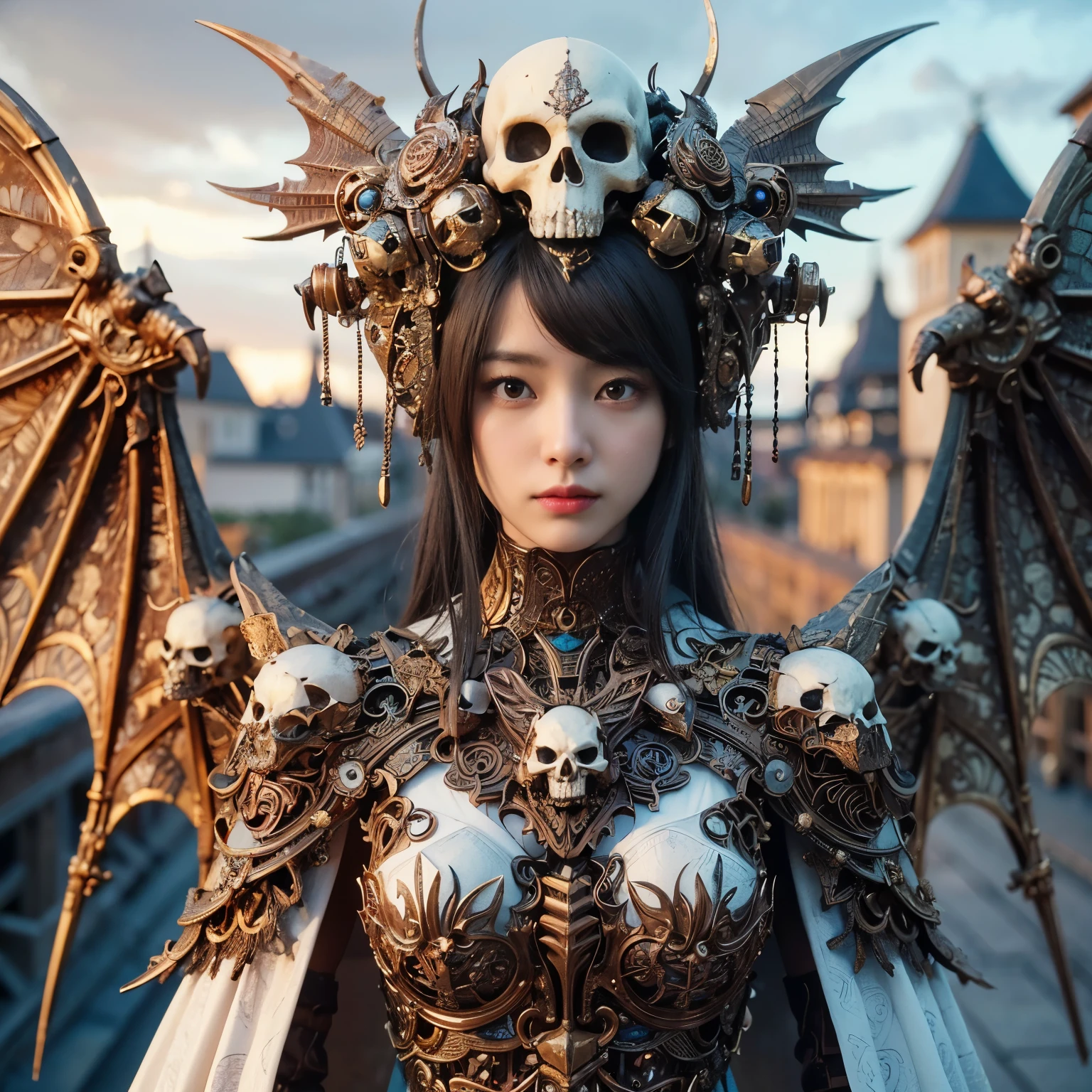 (masterpiece、highest quality、Realistic photos)、A very cute Japanese woman、(Brown skin:1.4)、A complex copper and brass mechanical armor with a skull motif.、Bat Wings、White tone、Blue accents、foot、Extremely intricate details、Posing on the medieval castle walls at sunset、Full Body Shot、Minimum 4 or more generated