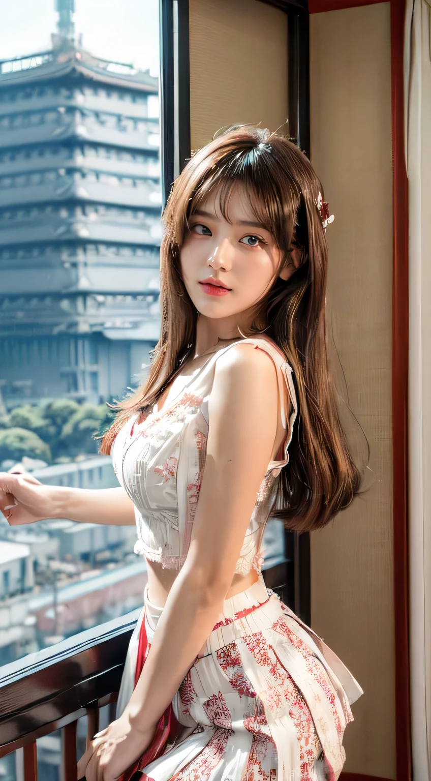 (((Tokyo building:1.5))), superior(Very fine eye), (((Fabric Shading))), (((highest quality))), (((Tabletop))), (((Ultra-high-definition CG))), Cheeky girl, (((magical girl))), (small), (B cup breasts), Brown Hair, Brown Hair, Brown Hair, Pinup Emo, ((, Nice hair)), Pink Eyes, (((Retro Style, Blumarine crop graphic lace tank in red and white, Frayed Skirt, Y2K))), ((Strike a Pose)), Cowboy Shot, Mid Shot, Centered Images, Focus on the camera, (Tokyo dawn skyline building superior background:1.5)