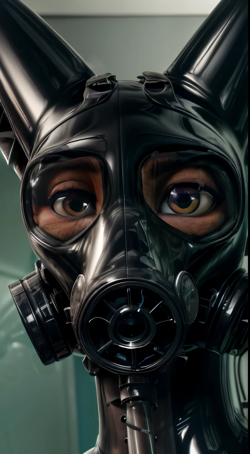 Photograph, realistic, 4k, Solo, furry, Nick Wilde, black rubber, medical examination room, (latex suit), looking at viewer, sweating everywhere , (detailed eyes, white sclera, ultra detailed eyes), extreme close up, in love, lustful, smug, ((low angle camera)), (gas mask), pastel gas mask