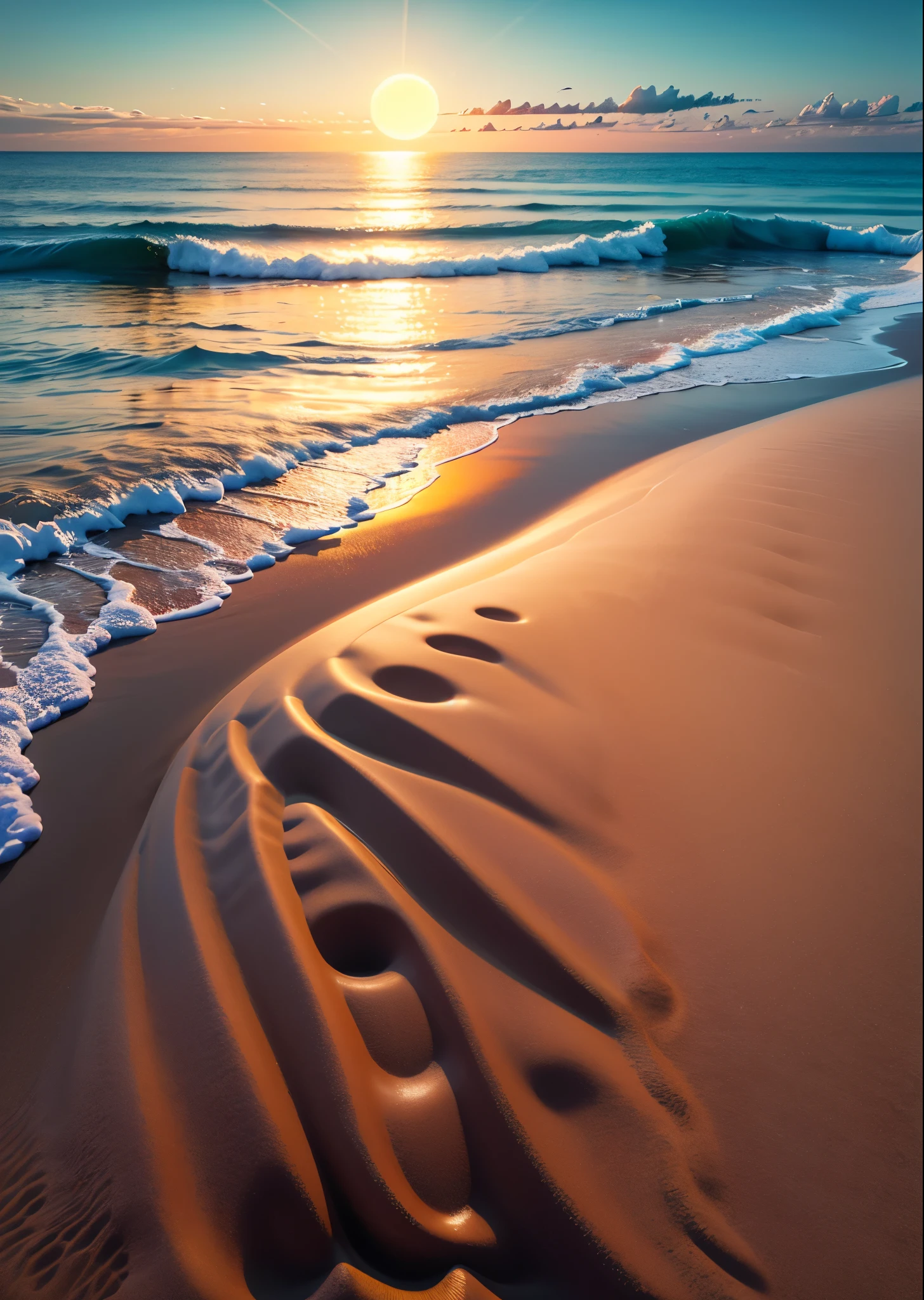 View of the vast ocean from the top of the sand dunes、Rising Sun、Sand dune ripples、Sparkling sea、Perfect lighting、Sharp focus、High resolution、High resolution、High color reproducibility、High resolution、Ultra-realistic、Photorealistic