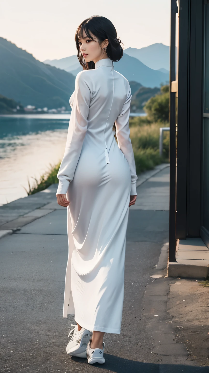 ((Composition from the thighs up)), (((Landscape:2.0, Accentuate your butt:2.0, Standing posture:1.5, Backwards:2.0))), (((Clothing:2.0, black panties under white maxi ao dai:2.0, sneakers:1.8))), ((Streetscape:1.5)), 1 Girl, solo, ((Short Hair:1.2, A grin:1.2)), 18-year-old, 7 heads, Ideal body proportions, Black Hair, With bangs, Small breasts, slender, Small Ass, Beautiful feet, Skinny Legs, Surrealism, Cinematic Lighting, Depth of written boundary, First Person View, F/1.8, 135mm, Ticker, Mastepiece, Curate, ((Anatomically correct:1.3)), Textured skin, Super Detail, High detail, High quality, Awards, Best Quality, High resolution, 8K