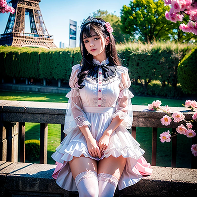 best quality, masterpiece, lifelike, 1 girl, solitary, eternity, Black Hair, Long curly hair, Bangs, laugh out loud, layered lace skirt, Puff sleeves, Wide sleeves, Transparent sleeves, flower, Detailed background, Delicate face,pink blush,White,Knee socks, Pink shoes,cold,Lots of lace,((masterpiece))、(top quality)、8k、High Detail、Ultra Detailed、 21 years old female,masterpiece、born、Intricate details showcase the ruffles and intricate designs of the ta dress、fair、magic、realism、Visual effects、FXAA、SSAO、shader、voiceless、Ambient Lighting、Tone Mapping、high resolution、Ultra HD、Million pixels、(8k resolution:1.10)、8k resolution、High Detail、Intricate details、 (high quality:1.2、masterpiece:1.2、:1.21)、(21 years old female),Hair accessories are not allowed, At the Eiffel Tower,Laugh happily