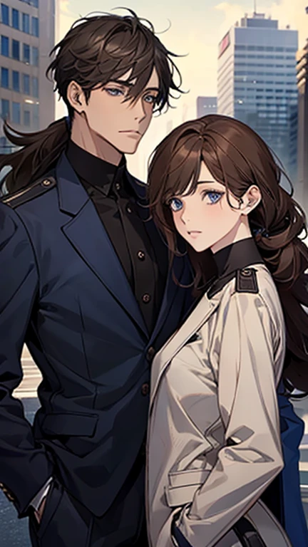 masterpiece, highest quality, 2. He, Group of 2, 1 male、1 female, mature, Adult, Height difference, Different Fashion, Different colors, Small eyes and a small face, Intricate details, Woman in a suit, A man wearing a pilot suit and coat,A man with a dark blue low ponytail,Modern cityscape, friend,  Brown haired woman, Dark blue eyed man, Woman with wavy medium hair