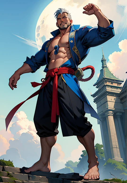 Anime art of a 40-year-old man, evoking an aura similar to Paul Greyrat from "Mushoku Tensei." The focus is on his bare feet, prominent and muscular, taking the center stage. Each foot showcases a masculine and seductive energy, grabbing attention with their defined arches, visible veins, and expansive size. The character's physique echoes the allure of his bare feet, radiating a chiseled and formidable build. His taut muscles, sculpted through rigorous training and discipline, accentuate the magnetic pull of his feet. The man's aesthetic embodies an irresistible presence, blending
