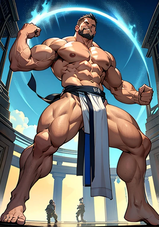 Anime art of a 40-year-old man, evoking an aura similar to Paul Greyrat from "Mushoku Tensei." The focus is on his bare feet, prominent and muscular, taking the center stage. Each foot showcases a masculine and seductive energy, grabbing attention with their defined arches, visible veins, and expansive size. The character's physique echoes the allure of his bare feet, radiating a chiseled and formidable build. His taut muscles, sculpted through rigorous training and discipline, accentuate the magnetic pull of his feet. The man's aesthetic embodies an irresistible presence, blending