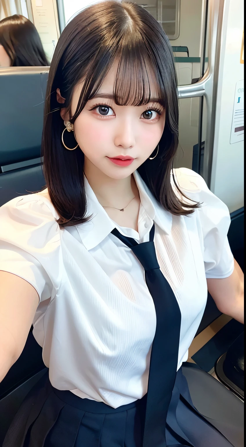 8K RAW Photos、High resolution、breast enhancement、Abdominal muscles、Ribbed、Black-haired、Beautiful at 22 years old Japan、Round face、very small lips、Round big、valley、Beautifully drawn eyes in every detail、Long eyelashes、Beautiful double eyelids、Three white eyes、Duck mouth、Blunt bangs、Bowl Cut、Earrings、necklace、Random facial expressions、White dress shirt, Upper Body,, (Navy Pleated Skirt:1.1), Thighs Thighs Thighs Thighs, Short sleeve, in the train, sit on bench seat,  (Dark red tie:1.1)、Shortcuts