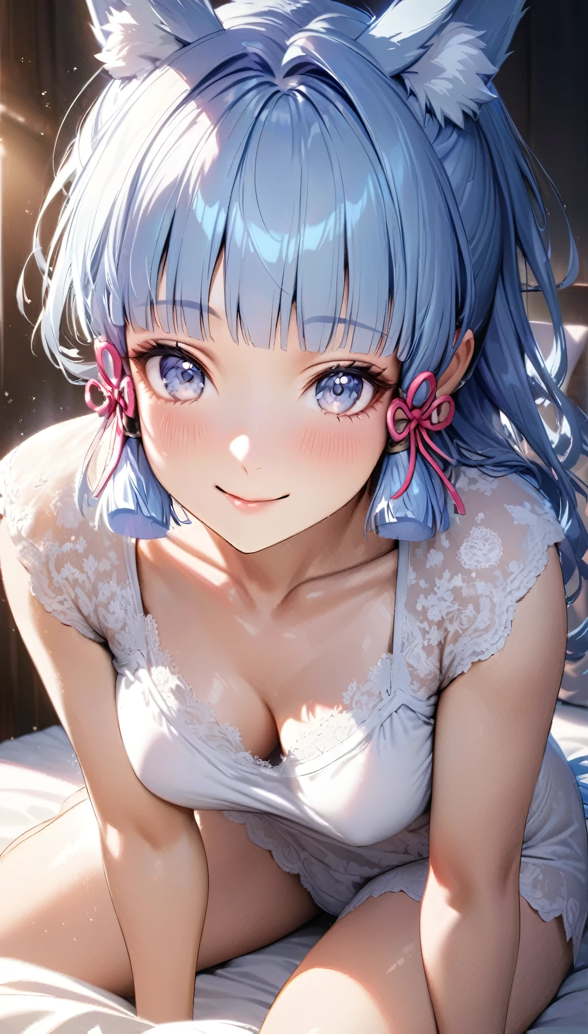 Ayaka,((blue hair)), fox ears,beautiful face,smiling, fit body, moderate breast,sitting on a bed,wearing white sleepwear,illustration,detailed textures,ultra-detailed(realistic),portrait style,vivid colors,soft lighting.