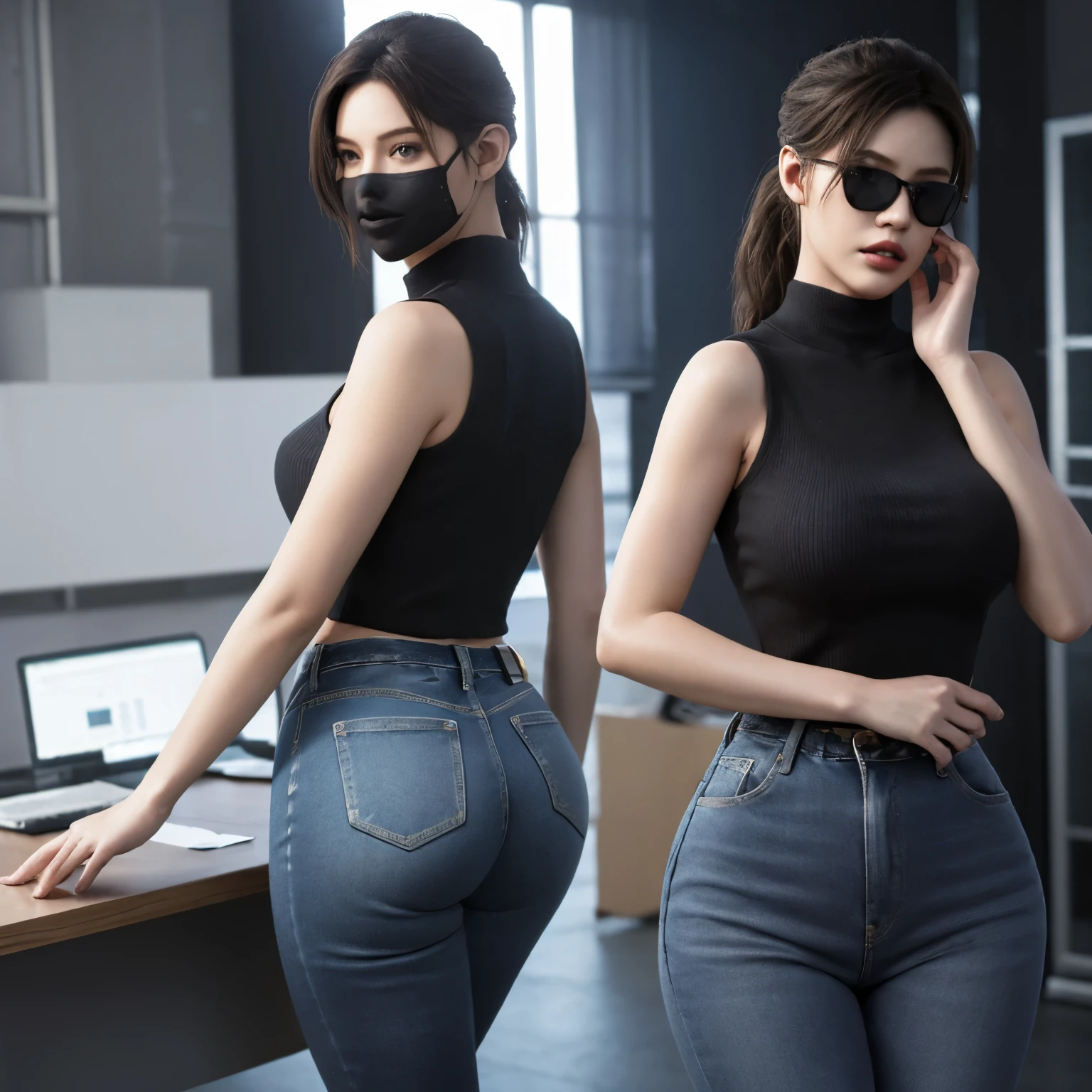 (masterpiece, best quality), 1girl , claireredfield2, in police office, in sunglasses and masks, wear jeans, big ass, walking