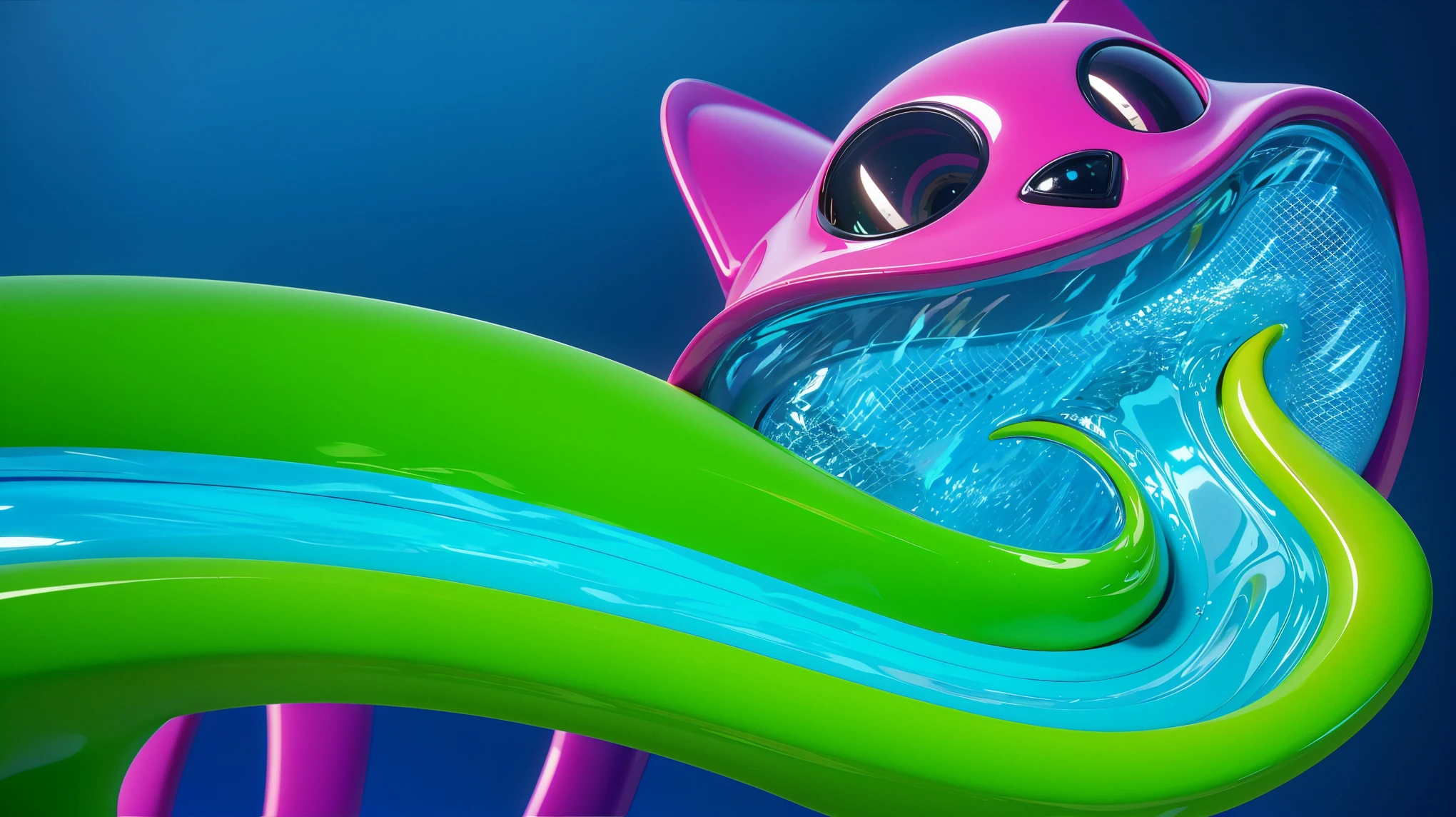 Purple creature with black eyes and a smile and a pool in its mouth deep children's water pool filled with beautiful water with waves. The image depicts a close-up of a large, metallic spider-like robot with six legs and a body that resembles a combine harvester. It stands on a blue floor and is facing a red wall.cartoon key frame rendering, cute 3D rendering, Shiny metallic, zbrush color rendering. perfect cgi, cgi art created only with gradients, smooth silhouette, high intensity refraction, (plastic material), most beautiful vfx, blue background, plastic refractions, glossy texture, smooth 3d model, multiple light sources, rim light, sharp post effects render, (glossy plastic texture with multiple big light probe refractions), perfect cgi, cgi art created only with gradients, smooth silhouette, high intensity refraction, (plastic material), most beautiful vfx, blue background, plastic refractions