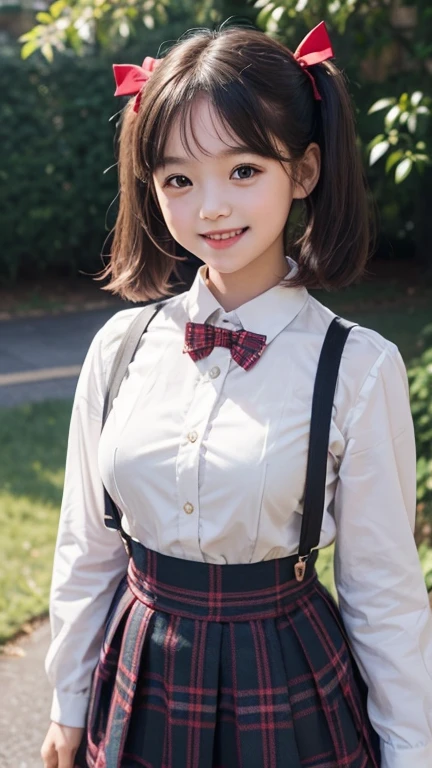  girl.................,, in front of the school、Connect to skirt with suspenders、White shirt with long sleeves、Plaid skirt , nice and cute, Innocent smile, , Lovely smile 、 with short bob、Pose cutely , 8 year old , bts , red knot , red bow , twin tails hair , waistband of skirt is at the point above chest