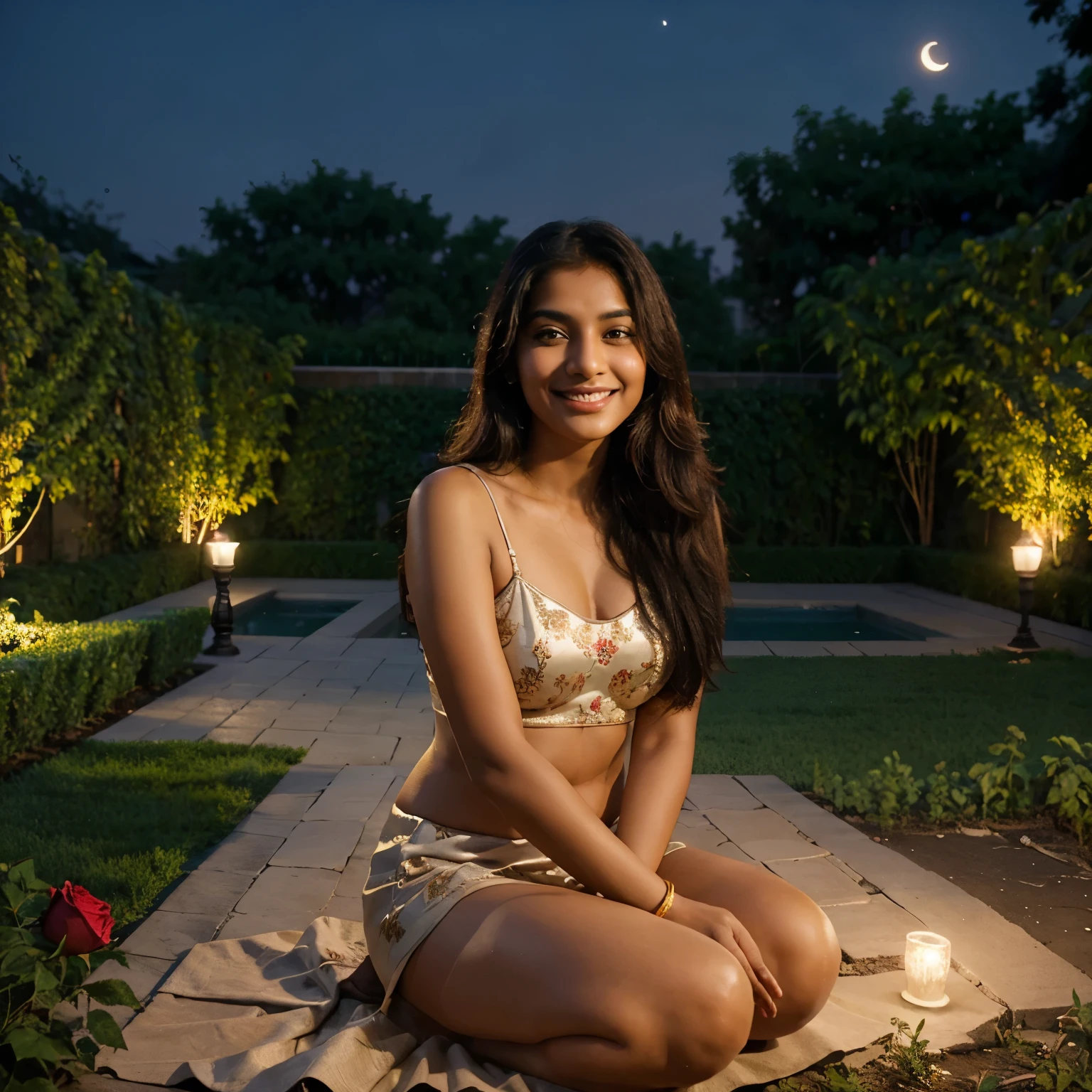 Create a image of a beautiful indian girl smiling and shying with a rose in her hand and sitting in a garden with a moon as background 