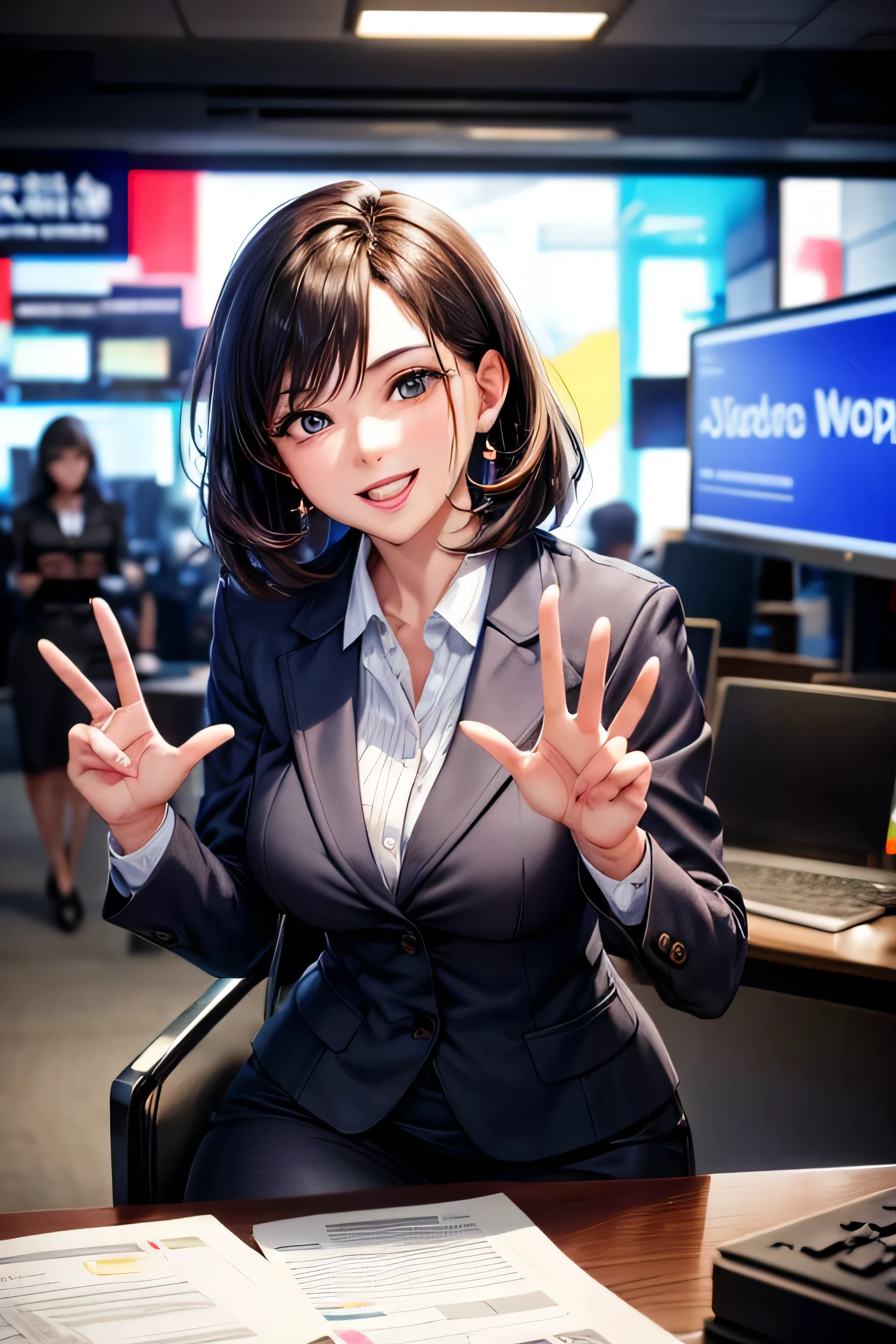 Journalist Woman, detailed eyes, professional outfit, confident smile, interviewing, crowded press conference, lively atmosphere, newsroom in the background, breaking news, dynamic lighting, vibrant colors, news anchor, broadcast journalism, top-quality photojournalism