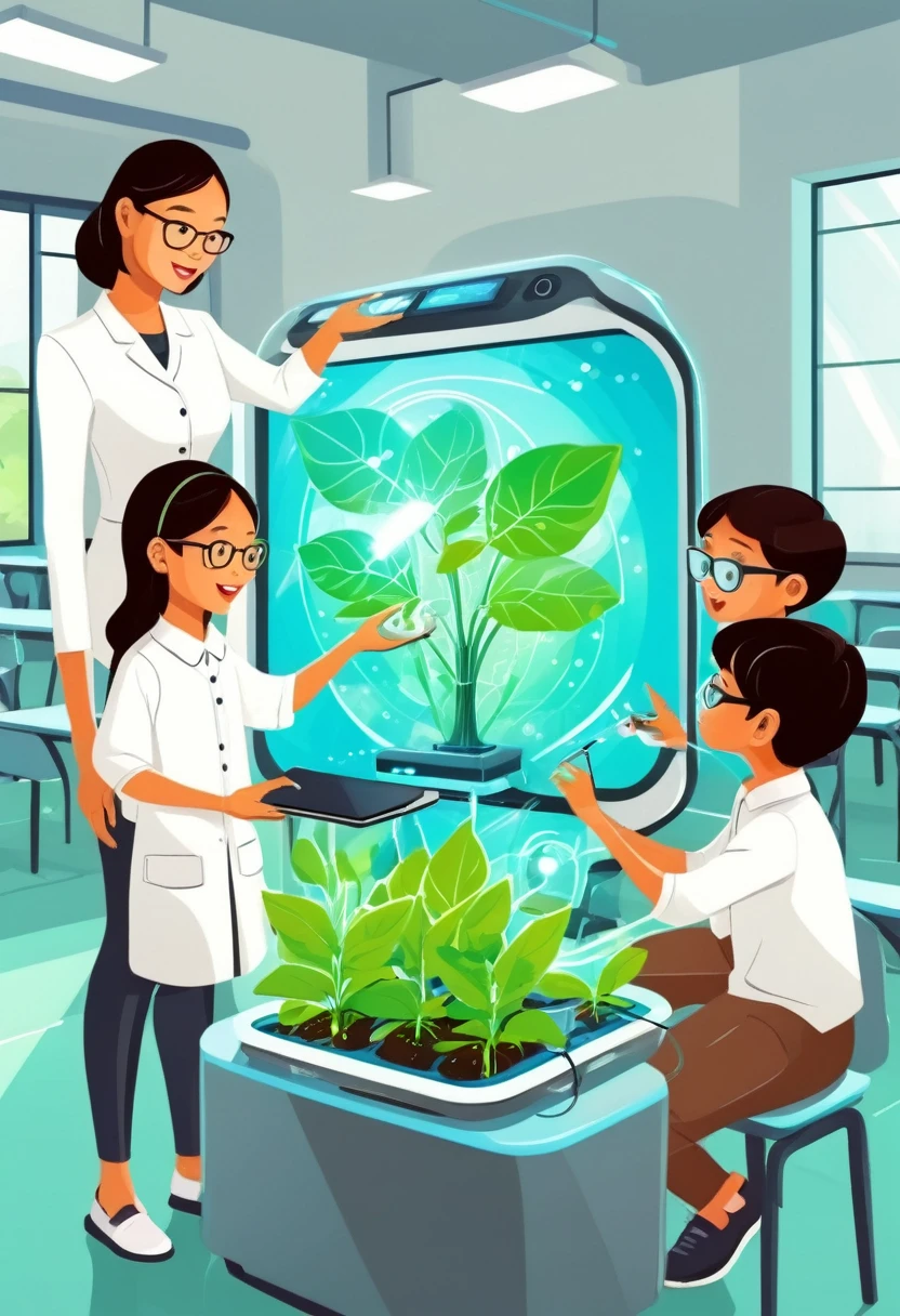 A cartoon malaysian women teacher teaching her pupils about photosynthesis using a high tech device in a futuristic classroom