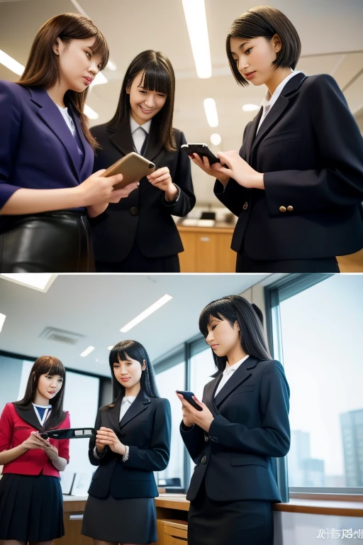 A group of young Japanese women wearing sailor suits, Black Leather Gloves, Standing Facing Each Other. They are holding smartphones and discussing something. The scene is set in a modern office, A sophisticated atmosphere. There is a big difference in height between the women, One is noticeably taller than the other. The images are of the highest quality, Highly detailed realism and vibrant colors. Lighting is perfectly balanced, Create a professional and polished look.