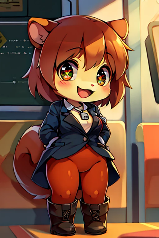 boy, squirrel and rabbit and cat, furry, bodyfur, blazer, bottomless, color tights, gloves, boots, chibi, happy, sparkling eyes, train, whistle