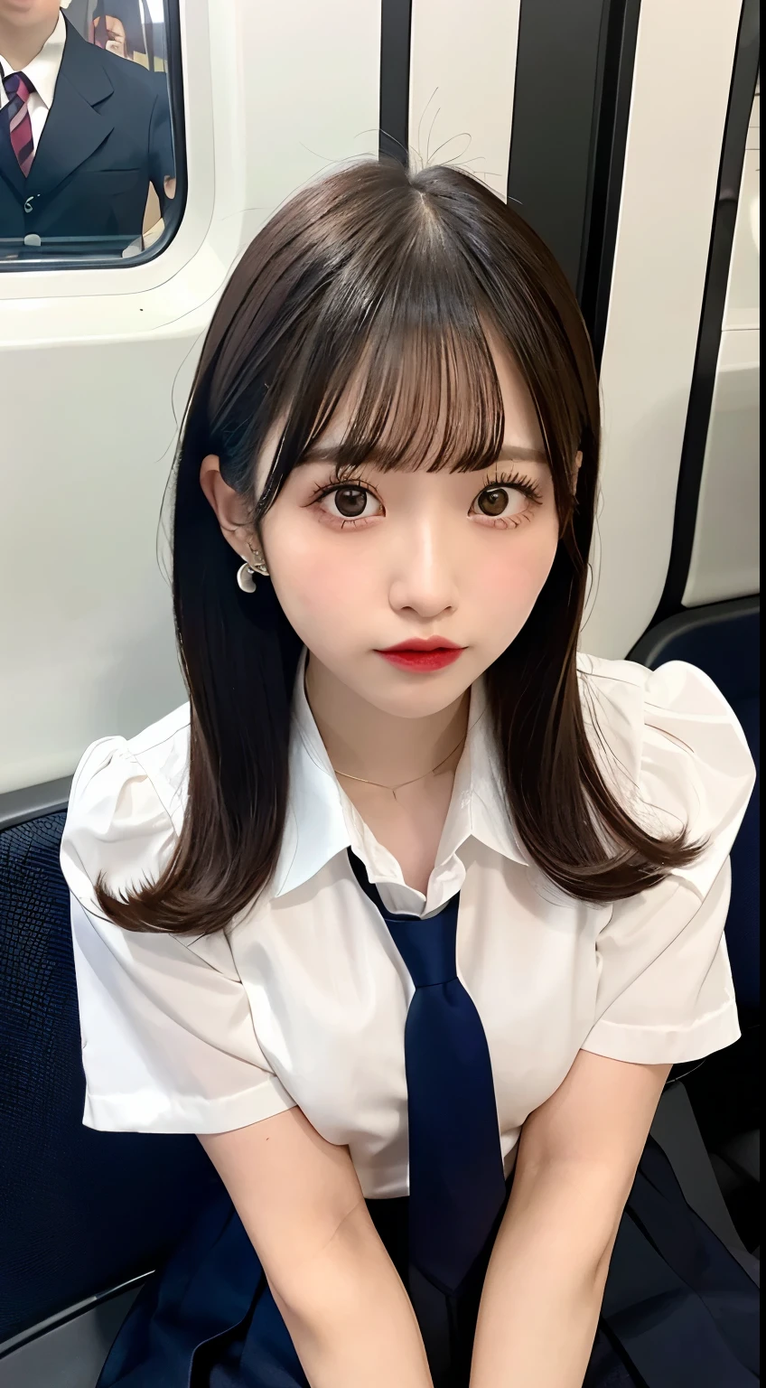 8K RAW Photos、High resolution、breast enhancement、Abdominal muscles、Ribbed、Black-haired、Beautiful at 22 years old Japan、Round face、very small lips、Round big、valley、Beautifully drawn eyes in every detail、Long eyelashes、Beautiful double eyelids、Three white eyes、Duck mouth、Blunt bangs、Bowl Cut、Earrings、necklace、Random facial expressions、White dress shirt, Upper Body,, (Navy Pleated Skirt:1.1), Thighs Thighs Thighs Thighs, Short sleeve, in the train, sit on bench seat,  (Dark red tie:1.1)