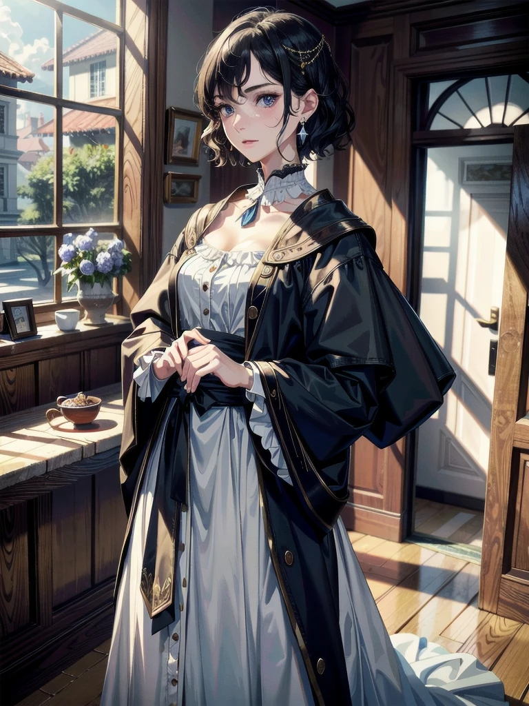 full body shot, absurdres, RAW photo, extremely delicate and beautiful, masterpiece, Best Quality, ultra high resolution, 32k, hyperrealistic, ultra-detailed, detailed beautiful face and eyes, tearful mole, earring, short medium hair, wavy hair, surcoat,