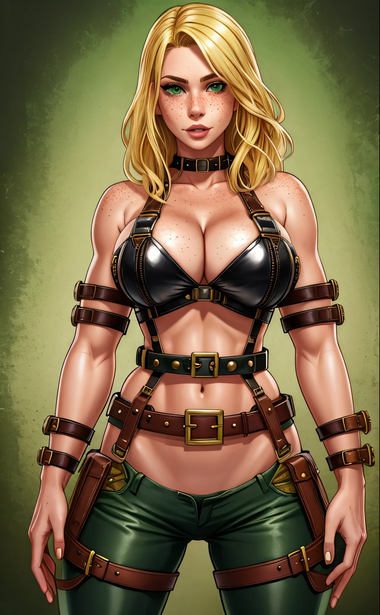 there is a woman in a green coat ((curvaceous, massive breasts: 1.5, long blonde hair, exposed breasts, exposed nipples)) standing inside of a bar flashing her breasts, a character portrait by Gabriel Ba, trending on Artstation, digital art, Charlie Bowater character art, Charlie Bowater rich deep colors, Jen Bartel, qiyana, Charlie Bowater art style, style of Charlie Bowater, background artwork, black canary, full art illustration