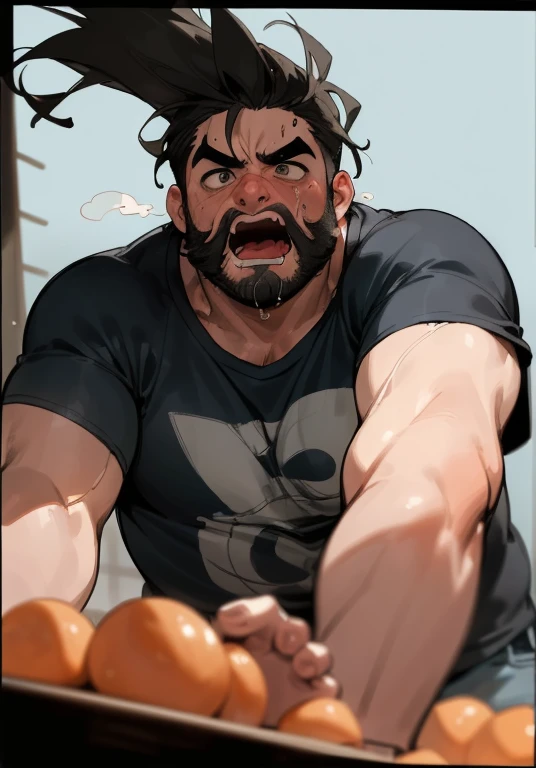 Anime art of a middle-aged man, around forty years old, letting out burps and belches, His bulky figure towering over me, Unapologetic expression, Chunks of food visible in the aftermath, Unkempt hair, Sweat droplets forming on his brow, Belching loudly with a satisfaction that borders on obnoxious, (Unflattering angle:1.5) revealingly exposing a stained t-shirt, (Burp sound effects:1.4), Vibrant colors, Best quality, High resolution 4K, A middle-aged man with unkempt facial hair, Burping and belching with a boisterous laugh, (