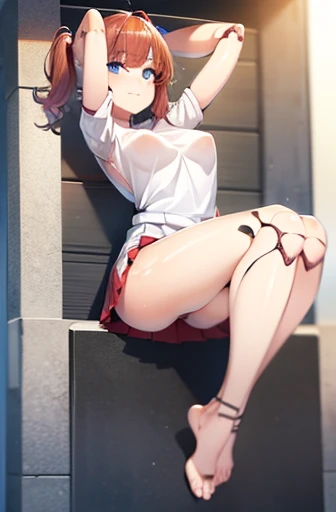 A Female robot is sleeping in the book, spread legs, nude, banzai pose. she wears no dress. She Brown short hair is tied with two big red clothespins, She lifts up the under hem of her white plain dress, leaning over, masterpiece, very short pigtails,brown hair, mature, android, blue eyes, full body figure, Height: 160cm, flushed cheeks, 2020s anime picture, A beautiful robot with short brown hair in two short pigtails held up by two very large huge red clothespins, Uplifting, No NSFW, whole body, barefoot, archaic smile, getting orgasm, 25 years old, sweat bucket. short sleeve shirt, pleated skirt, beautiful scenery, evening, skirt lift, no panties, genitals visible, full body shot, sexy face.