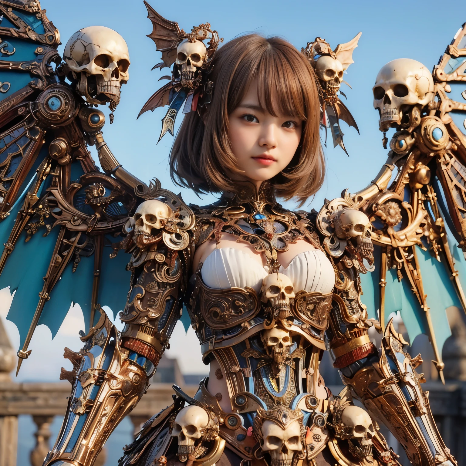 (masterpiece、highest quality、Realistic photos)、A very cute Japanese woman、(Brown skin:1.4)、A complex copper and brass mechanical armor with a skull motif.、Bat Wings、White tone、Blue accents、foot、Extremely intricate details、Posing on the medieval castle walls at sunset、Full Body Shot、Minimum 4 or more generated