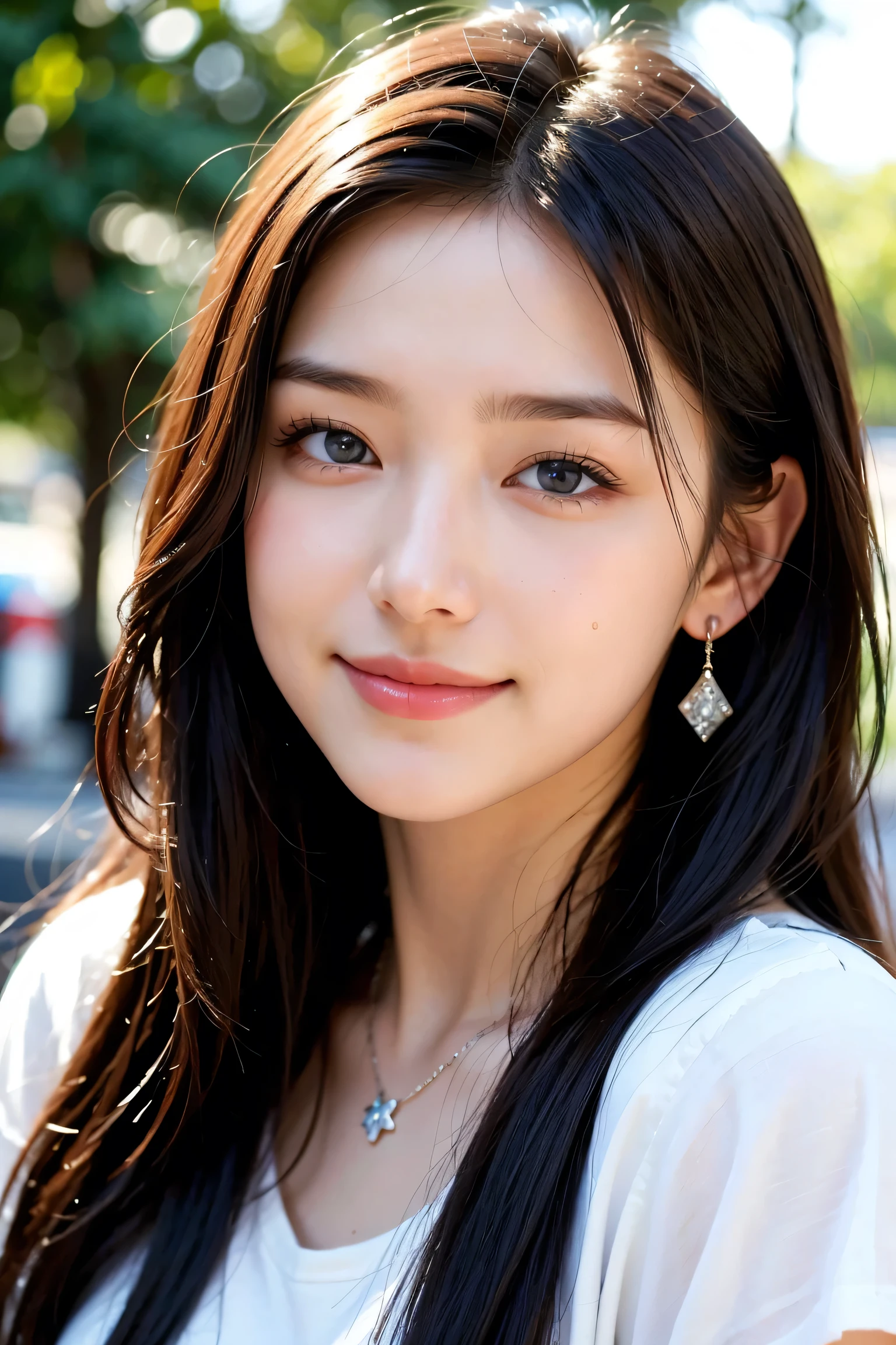 Save this image、Pale face and eyes:1.3、薄くてPale face and eyes:1.3, blue eyes:1.3、{highest quality}, {{masterpiece}}, {Very delicate and beautiful}, Extraordinary light and shadow, Highly detailed wallpaper, Sunny and bright, whole body, whole body、 1 girl, , blush:1.2、Shaggy long black hair:1.3, Cut your bangs evenly at eyebrow height:1.5、Strong sunlight, (White T-shirt)、 Delicate Hair,Realistic skin texture, B cup breasts、Visible wrinkles on the skin., Broad shoulders:1.2, ((A strong light shines on your face:1.5)), color々Strike a Pose:1.5, necklace、ring、earrings、Toothy smile:1,5、smile:1.5、Ibiza city background:1.5, Ray Tracing、Cowboy Shot:1.5、Mid Shot、