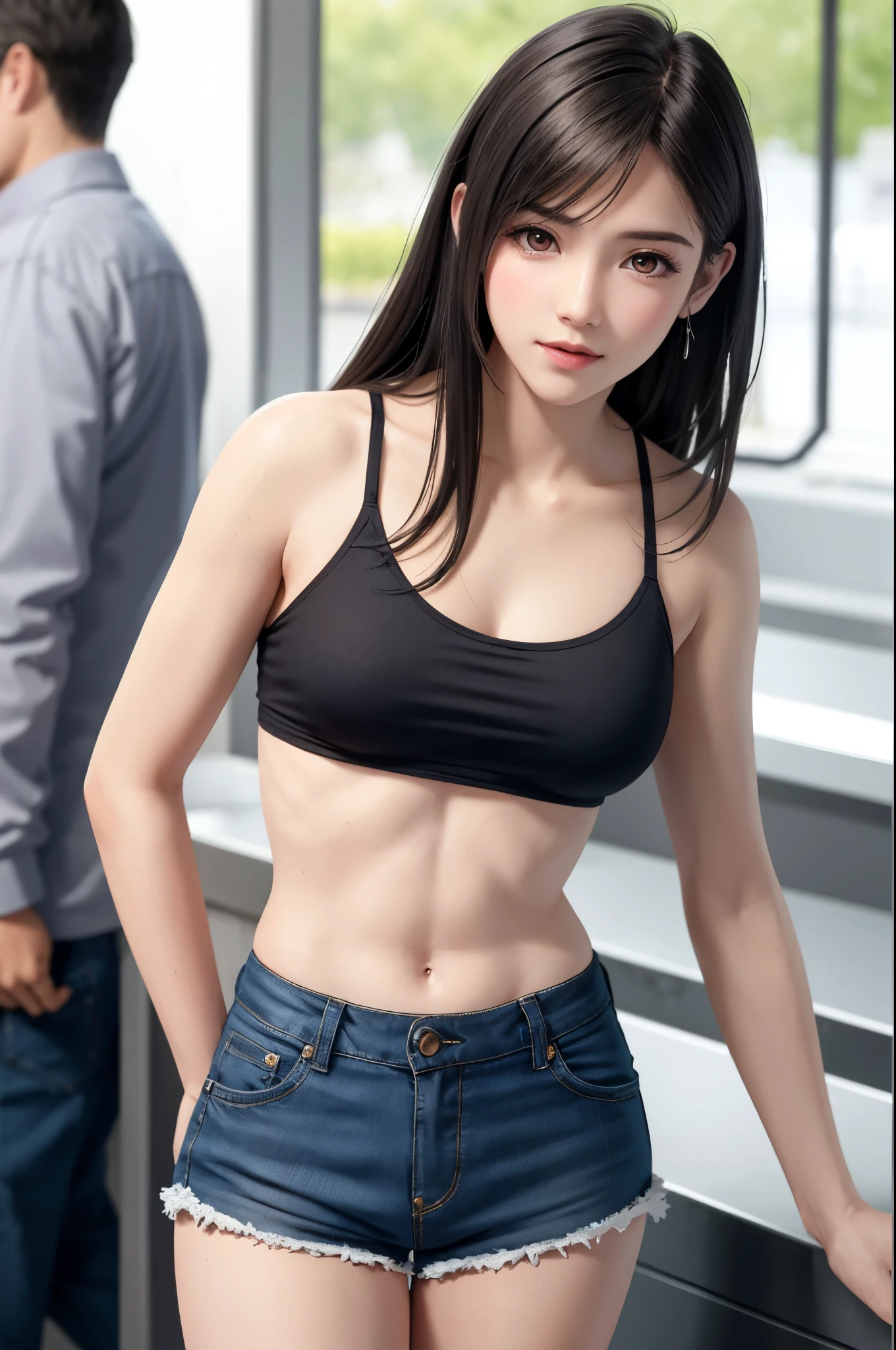 {Top Quality, Masterpiece}, (Realistic: 1.3), BREAK {{{FF7,Tifa_lockhart}}},(crowd of men:1.7), BREAK Ultra-detailed face, Detailed RED eyes,{Dark Brown Hair, Large breasts},{{{A dark, disco club, disc jockey, table}}}, BREAK (wearing micro shorts, See-through sheer tube top:1.5),clothed:1.2,(No Bra) ,(shiny oiled skin: 1.1), about 18 years old, { erotic eyes, erotic mouth, erotic face}