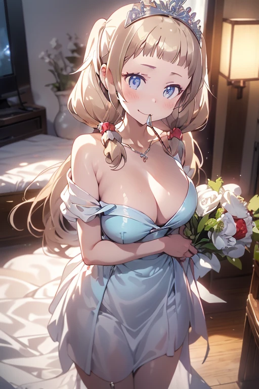 (from above:1.2),(from side:0.9), ((Face)), (Close-Up:0.4), ((looking at viewer, holding a bouquet to his mouth)), highest quality、(real、photorealistic:1.4)、(RAW photo:1.2)、very detailed CG unity 8k wallpaper, delicate and beautiful, wonderful, Fine detail, official art, huge file size, Ultra-detailed, very detailed girl, very detailed eyes and face, Bright on the face、(20 age girl:1.0)、small smile, smiling, (twintail hair:1.25), hair between eyes, hair twintails, (long hair:1.25), tiara,ruany,off-shoulder dress,pearl ,(gemstone),tiara,veil,wedding dress, wedding necklace, wedding long gloves, (luxurious bouquet), chapel, Stained glass,(best quality, highres, masterpiece:1.2), ultra-detailed, (realistic:1.37) illustration, erotic style, soft lighting, sweat glistening on her body, gentle warmth, mysterious, small breast,narrow waist,(with sparkling eyes and a contagious smile),her thin pubic hair, looking at viewer,