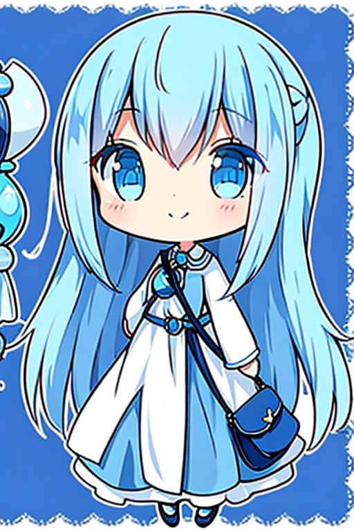 A blue haired woman with blue eyes and an hourglass figure in a cute mage outfit is smiling with a bag of medicine