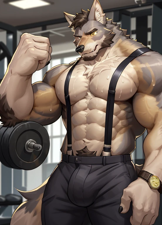 william adler, solo, shirt, 1boy, no top clothes, upper body, male focus,, pants, looking to the side, suspenders, pectorals, sleeves rolled up, watch, wristwatch, wolf ears, beard, yellow eyes, detailed eyes, exposed pecs , abs, muscular, big crotch, mass sweat, working out, gym