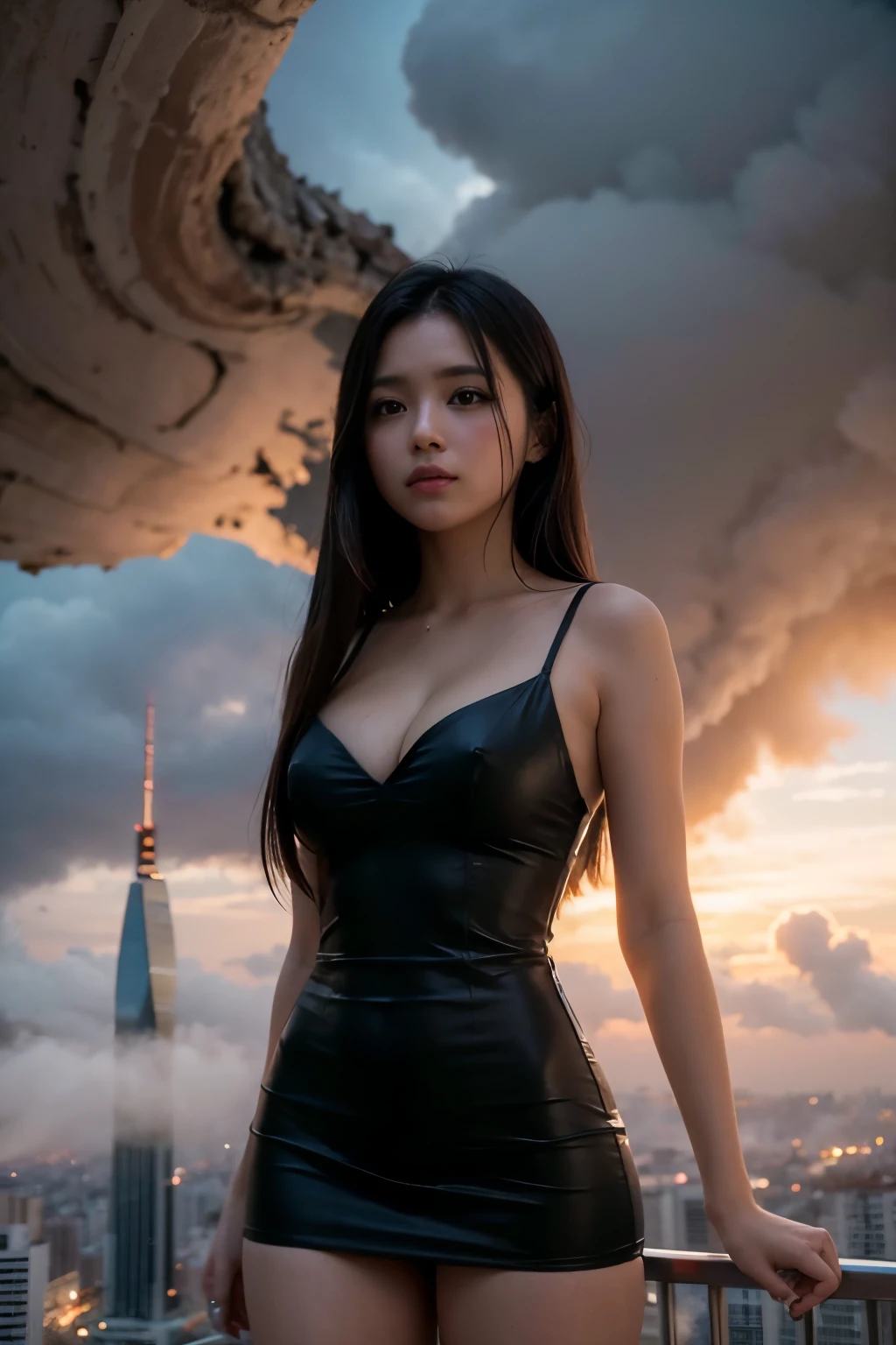 Giantess usando vestido curto, GTS cidade do ano 10000, City buildings, smoke billowing, nuvem, tornado, raios, Evil, realistic lighting, salto em altura, de baixo, aves voando,