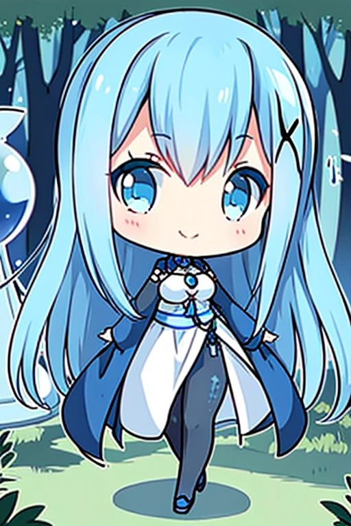 A blue haired woman with blue eyes and an hourglass figure in a cute mage outfit is smiling while walking in the forest