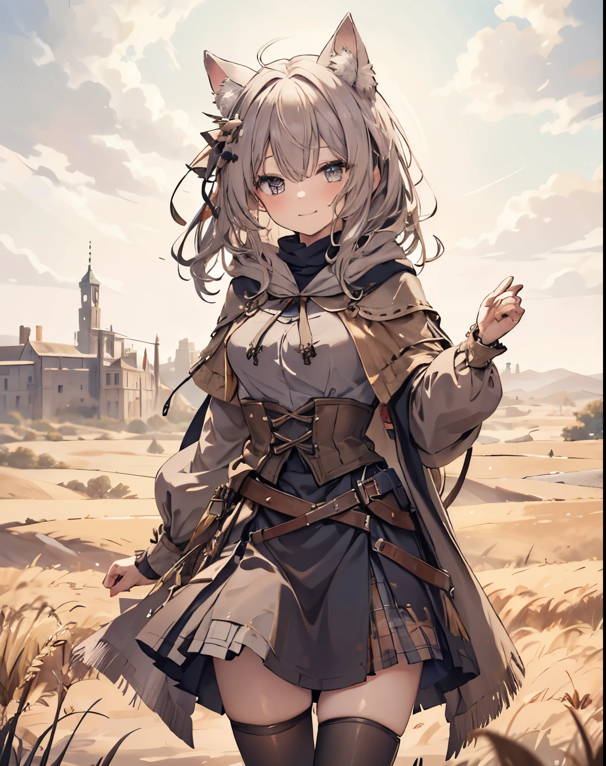 masterpiece,1girl, sparrow, a silver haired girl, wearing a medieval european villager clothes, curly medium hair, messy hair, black skirt, short brown capelet with furry hoody, slim body, big breasts, she close her left eye, shirt ornament, ****ppai, hair ribbon, lovely smile, beautiful breasts, rounded breasts, crimson eyes, flared skirt, plaid skirt, she stands in the wheat field, iochi mari, cat ears