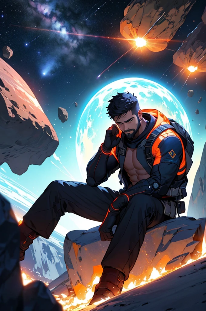 Draw a young programmer, sitting on a research platform floating in the middle of an asteroid belt. He is studying with a notebook, surrounded by several asteroids glowing with fiery auras. Dramatic lighting from distant stars and planets illuminates the scene, casting deep shadows on the suit. The young man looks confident and determined, looking at the vast and mysterious universe with wonder and respect,facial hair, cowboy shot, shirtless