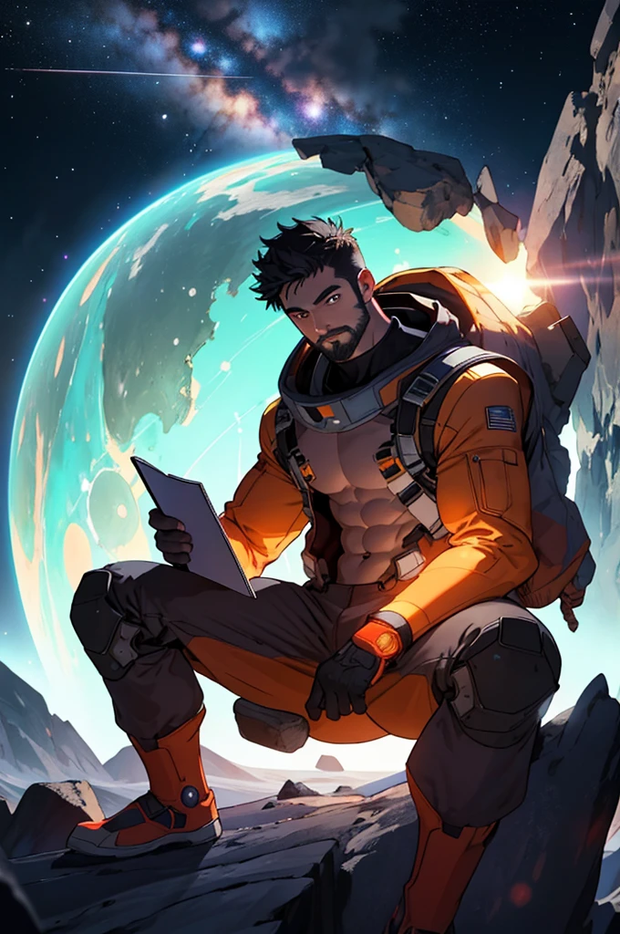 Draw a young programmer, sitting on a research platform floating in the middle of an asteroid belt. He is studying with a notebook, surrounded by several asteroids glowing with fiery auras. Dramatic lighting from distant stars and planets illuminates the scene, casting deep shadows on the suit. The young man looks confident and determined, looking at the vast and mysterious universe with wonder and respect,facial hair, cowboy shot, shirtless