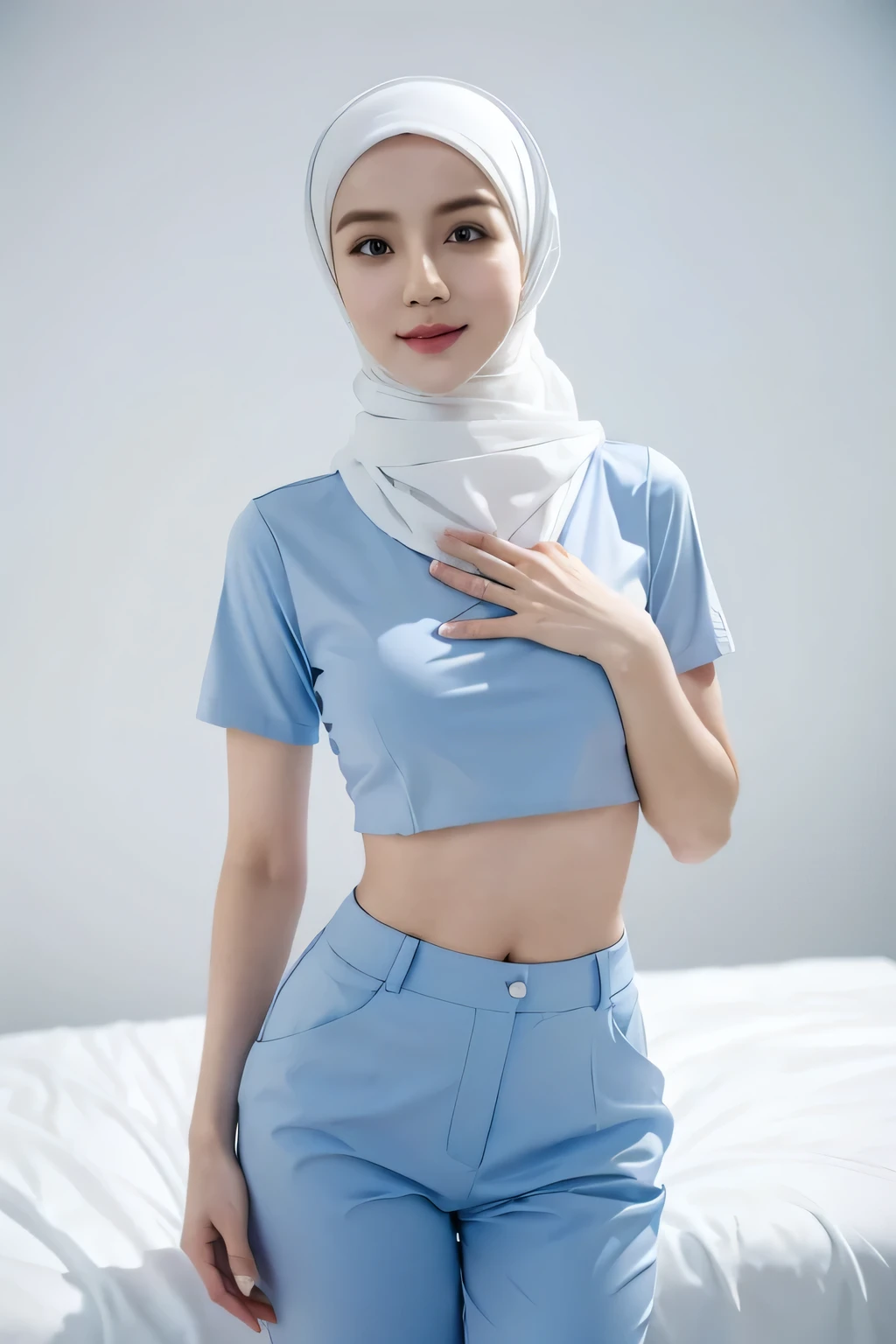 1 lady, 20 years old, best body,  wearing white hijab, hijab covers whole hair, wearing blue nurse shirt & blue trousers, thighs, standing, holding up file, white background, nurse wear, close shot, medium breast (medium breast 1.0), hospital