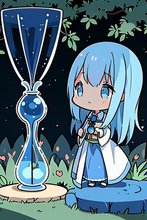 A blue haired woman with blue eyes and an hourglass figure in a cute mage outfit is picking medicinal herbs in a garden