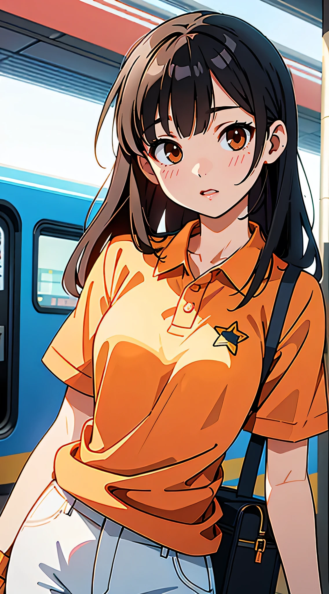 Realistic photos (1 cute Korean star) Reverse hair, light makeup, Medium chest, Orange polo shirt, At the train station, Canon EOS&#39;Distinctive features of, 16k, High resolution, sharp, Realistic details,  ExposedExposed, Interrupt, 超High resolution, High resolution, highest quality
