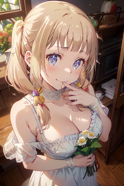 (from above:1.2),(from side:0.9), ((Face)), (Close-Up:0.4), ((looking at viewer, holding a bouquet to his mouth)), highest quality、(real、photorealistic:1.4)、(RAW photo:1.2)、very detailed CG unity 8k wallpaper, delicate and beautiful, wonderful, Fine detail, official art, huge file size, Ultra-detailed, very detailed girl, very detailed eyes and face, Bright on the face、(20 age girl:1.0)、small smile, smiling, (twintail hair:1.25), hair between eyes, hair twintails, (long hair:1.25), tiara,ruany,off-shoulder dress,pearl ,(gemstone),tiara,veil,wedding dress, wedding necklace, wedding long gloves, (luxurious bouquet), chapel, Stained glass,(best quality, highres, masterpiece:1.2), ultra-detailed, (realistic:1.37) illustration, erotic style, soft lighting, sweat glistening on her body, gentle warmth, mysterious, small breast,narrow waist,(with sparkling eyes and a contagious smile),her thin pubic hair, looking at viewer,