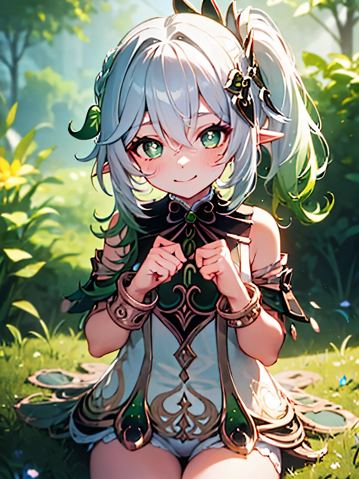 NSFW,nahida_genshin long hair、Green Eyes、bangs、Pointy Ears、hair ornaments、Gray Hair、Symbolic eyeulti-colored hair、Side Ponytail、Gradient Hair、Green Hair、Hair between the eyes、Cross pupil、smile、jewelry、葉っぱのhair ornaments、bracelet,blush,(Perfect hands),(Perfect Anatomy),(masterpiece),(highest quality)